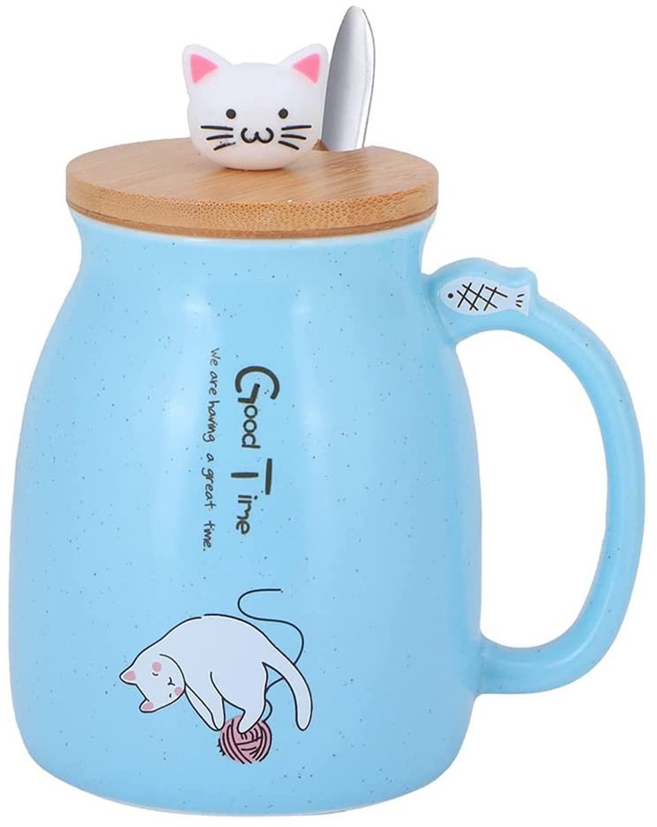Elzusha - Keramische Koffiemok met Houten Deksel en Lepel - 420ml - Blauw