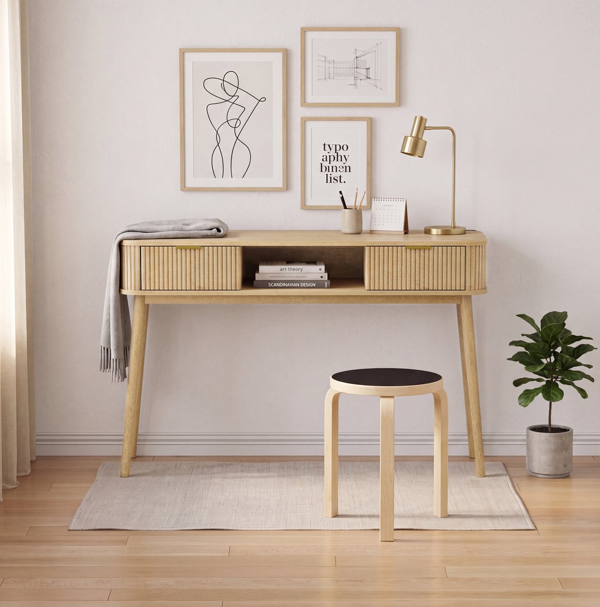 REDOM - Consoletafel - 2 lades en open vak - Antikantelbeveiliging - Mid-Century vintage - Hal en woonkamer - MDF en hout - Eiken - 120 x 35 x 77,6 cm