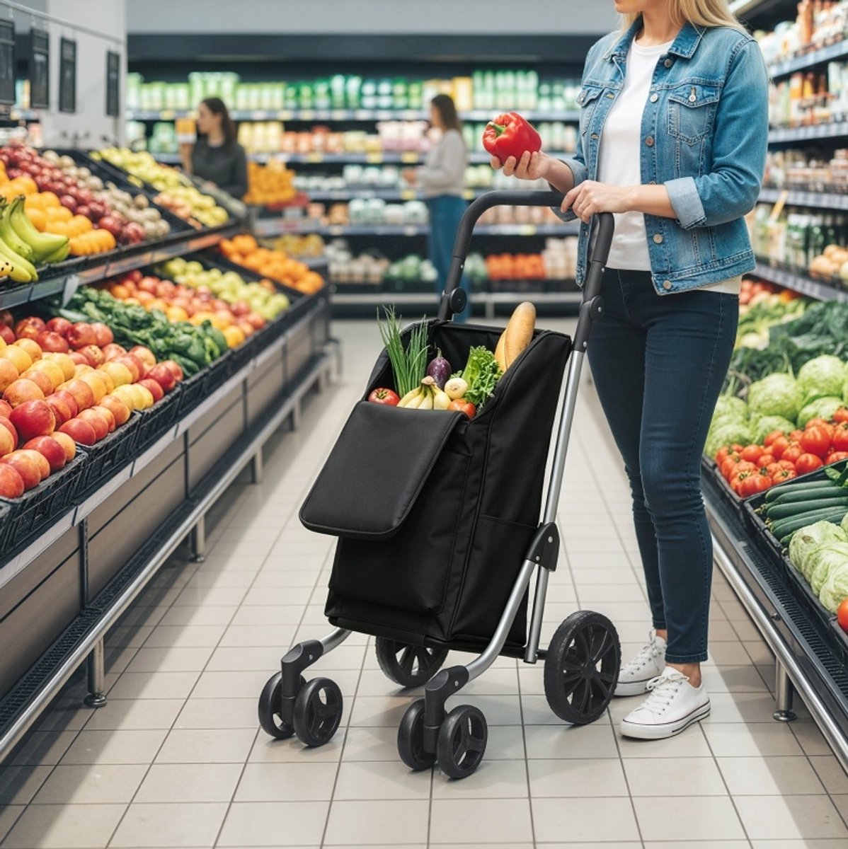 REDOM - Boodschappentrolley - 46 L inhoud - Inklapbaar - Geïsoleerd koelvak - Verstelbare handgreep - Aluminium frame - 6 wielen - Polyester - Zwart - 58 x 44 x 100 cm