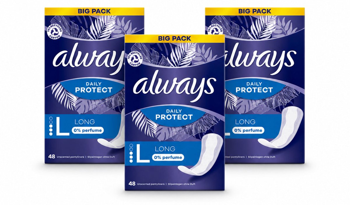 3 x Always - Inlegkruisjes - Long - 0% Parfum - 48 Inlegkruisjes - Bulkverpakking - 3 stuks