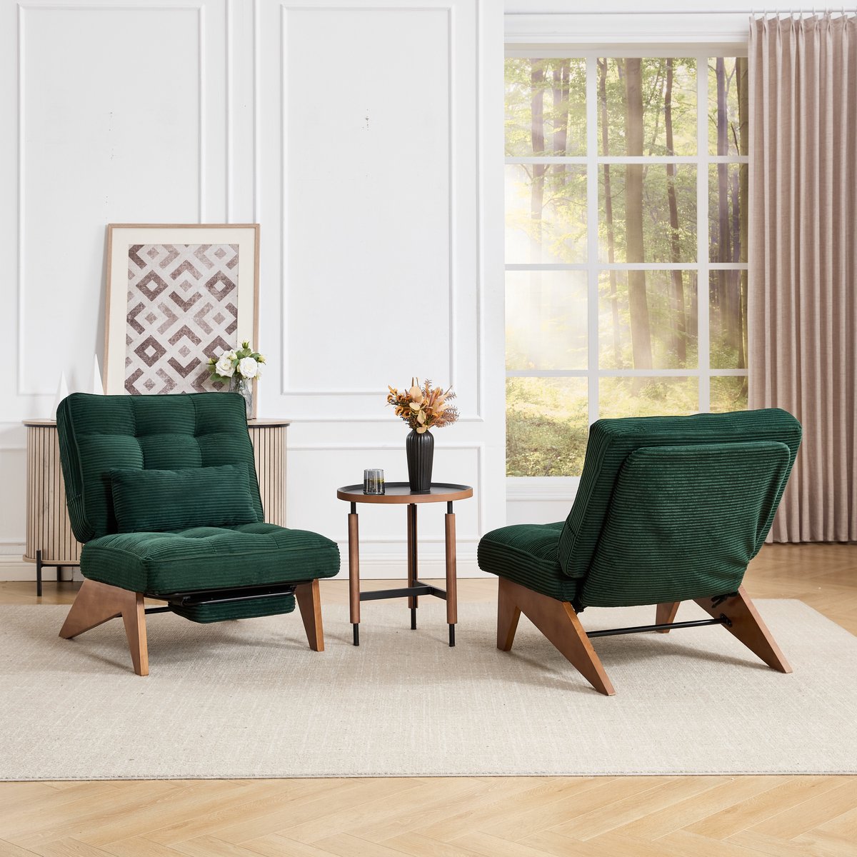 MODFU Verstelbare Relaxfauteuil - Corduroy - Groene - Voetsteun - Lendenkussen - Houten Poten