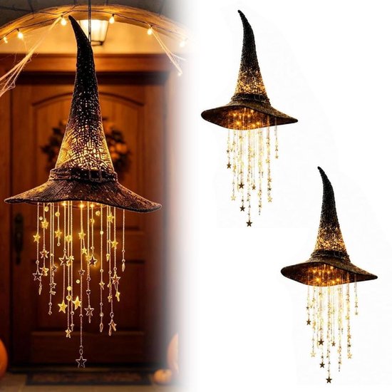 2x Oplichtende heksenhoed-hanger - Hangende Halloween decoratie - Windgong - Halloween Decoratie Licht - tovenaarshoed - Kwastjes met sterrenmotief - Thema Feest - Halloween versiering/decoratie - Cadeau - Horror party - voor veranda's of terrassen