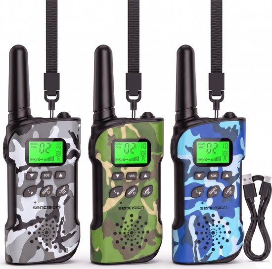 Drie walkietalkies met camouflage patronen: grijs, groen en blauw. Met USB-C kabel.