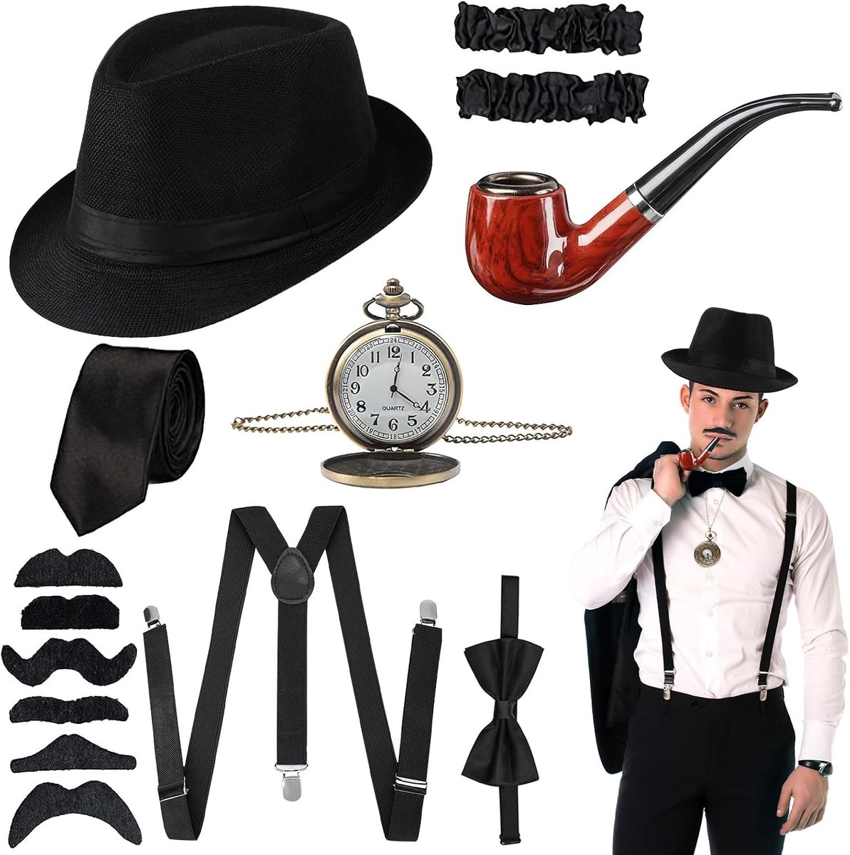 Stijlvolle accessoires voor mannen uit de jaren 1920: Gatsby, Peaky Blinders en gangster kostuums voor Halloween en carnaval met hoed, bretels en stropdas