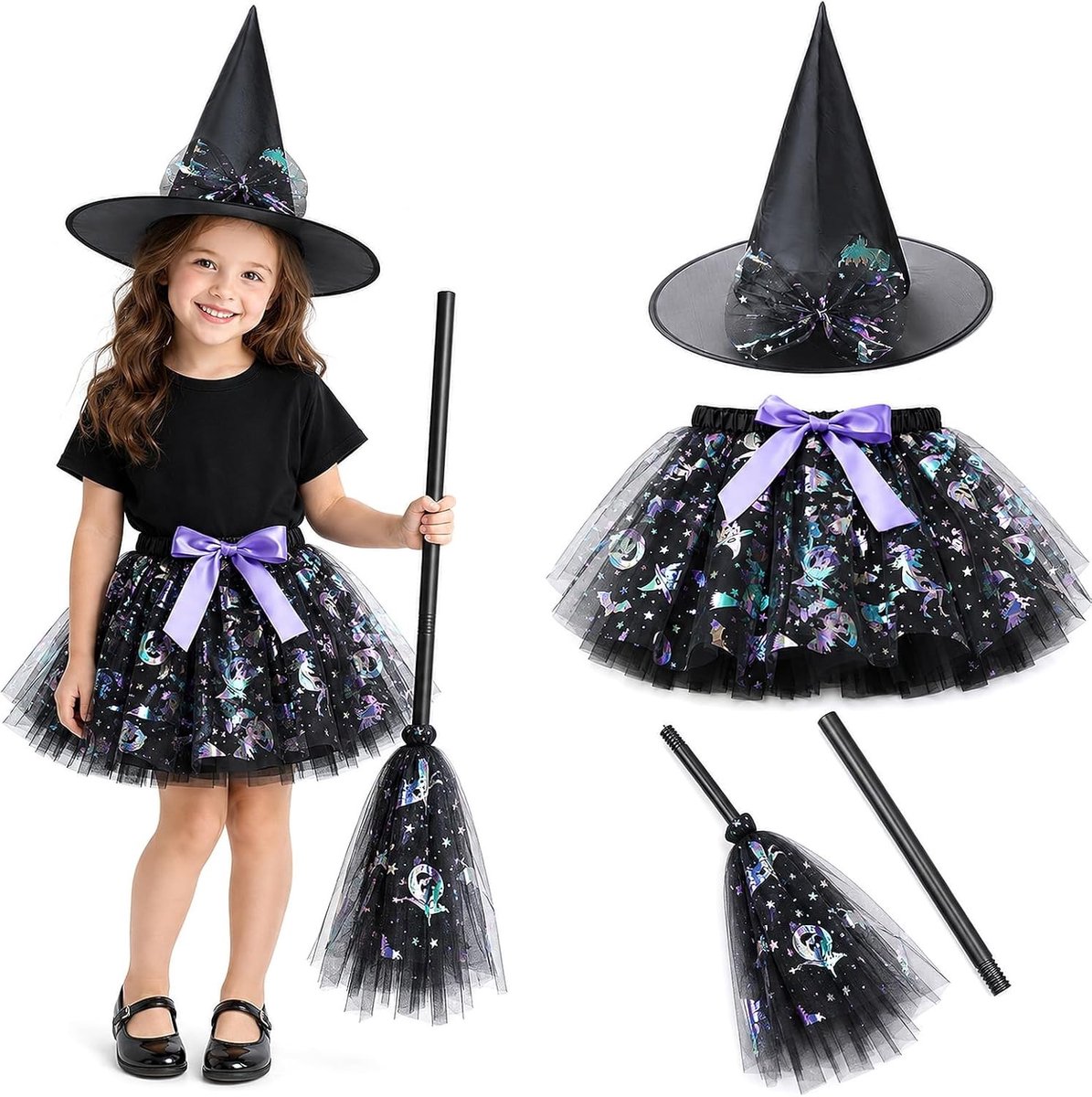 Halloween Kostuum voor Meisjes met Hoed, Rok en Bezem - 3-delige Set voor Feestjes en Verkleedpartijen