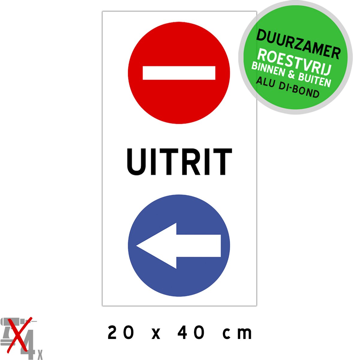 Pictogram/ bord | C1 + D1 (links) - "Uitrit" | 20 x 40 cm | Geen toegang | Pijl | Parkeren | Uitgang | Pijlen | Verboden rijrichting | Andere richting | Sterk materiaal | Metaal | Roestvrij | 1 stuk