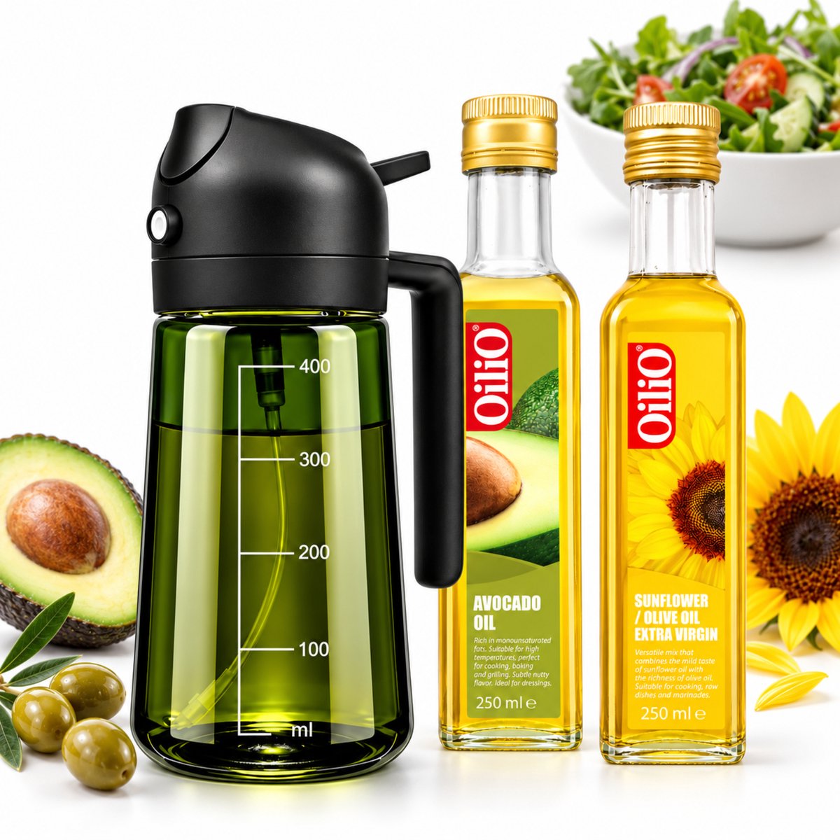 Oilio Olijfolie Sprayer 2-in-1 Set – Oliedispenser met 2x Olijfolie 250ml – Herbruikbaar Glas – Keuken, BBQ & Airfryer