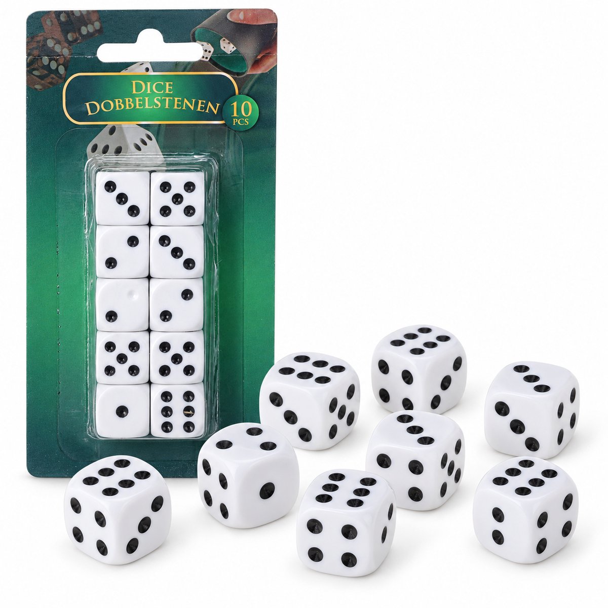 Benza - Dobbelstenen Set van 10 Stuks - 16 mm - Wit met Zwarte Ogen - Voor Bordspellen en Gezelschapsspellen