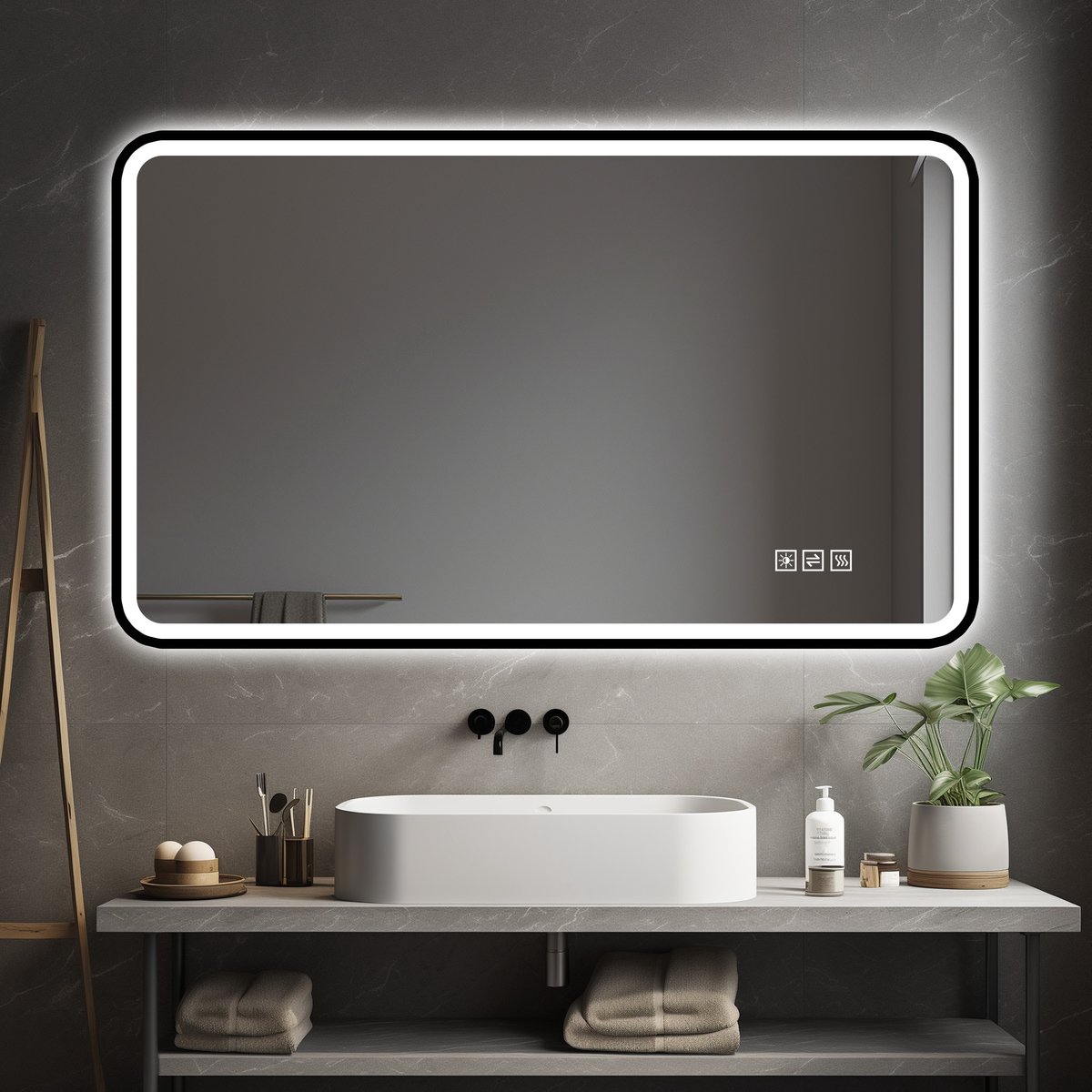 LED-badkamerspiegel van 60 x 100 cm met zwart aluminium frame, voor- en achterverlichting, anti-condens, 3 lichtkleuren, dimbaar, geheugenfunctie, horizontale en verticale montage, IP44 waterdicht