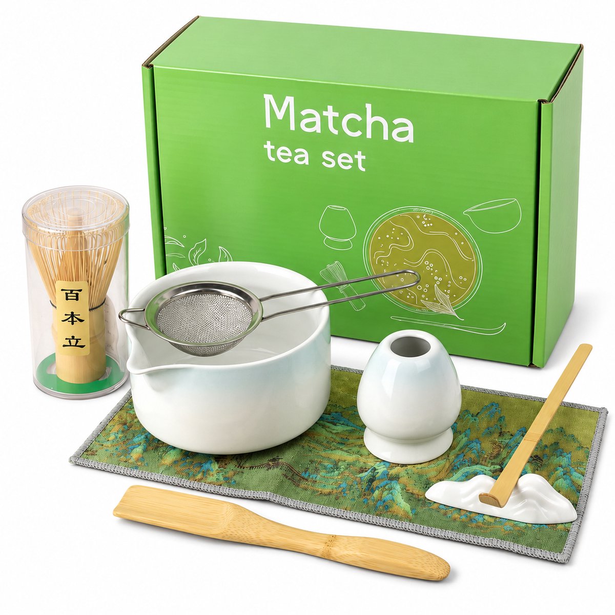 LOVHAUS 8-delige Matcha Starterset met Kom en Bamboe Garde - Blauw Verloop
