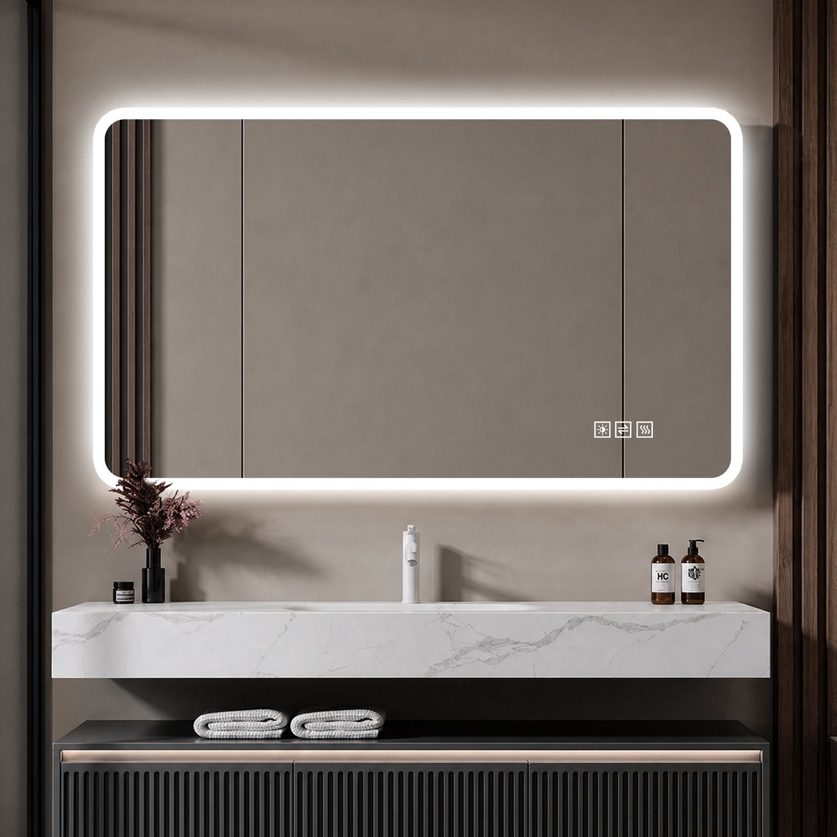 LED-badkamerspiegel van 60 x 120 cm met matglazen rand, frontverlichting, anti-condensfunctie, 3 lichtkleuren, traploos dimmen, geheugenfunctie, horizontale en verticale montage, IP44 waterdicht