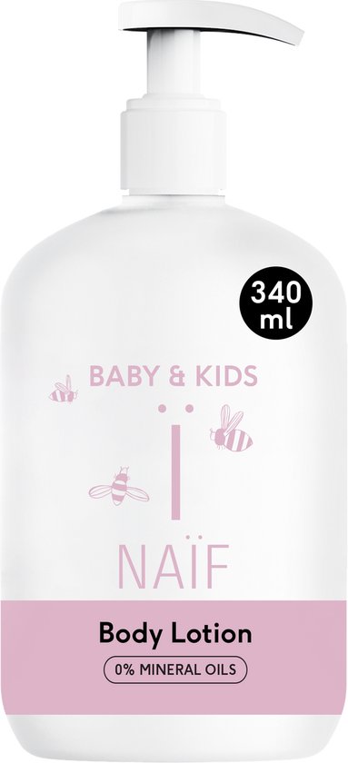 Witte pompflacon van Naïf Body Lotion voor baby & kids, met roze bij-illustraties en tekst 'Body Lotion 0% MINERAL OILS'. 340 ml.