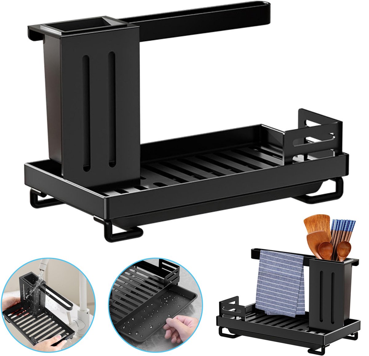 Keuken Gootsteenhouder - 3-In-1 Gootsteenorganizer - Afwasmandje Met Sponshouder - Uitneembare Lekbak