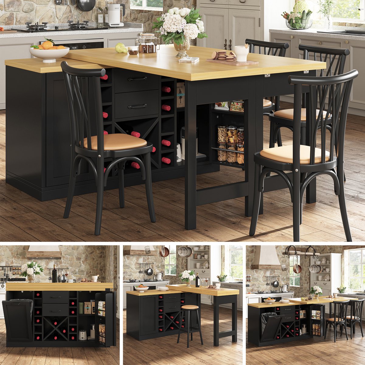 Clruro Keukeneiland - 120-223x40x73,8 cm - 360° Draaibaar - Wijnrek en Afvalhouder - MDF - Wit/Zwart
