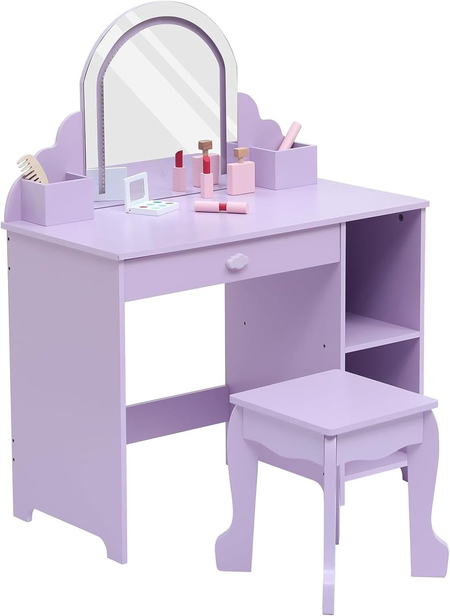 Triumpunpre Kinderkaptafel met LED Spiegel & Krukje - 2-in-1 Bureau Meisjes 3-9 Jaar - Accessoires - Paars