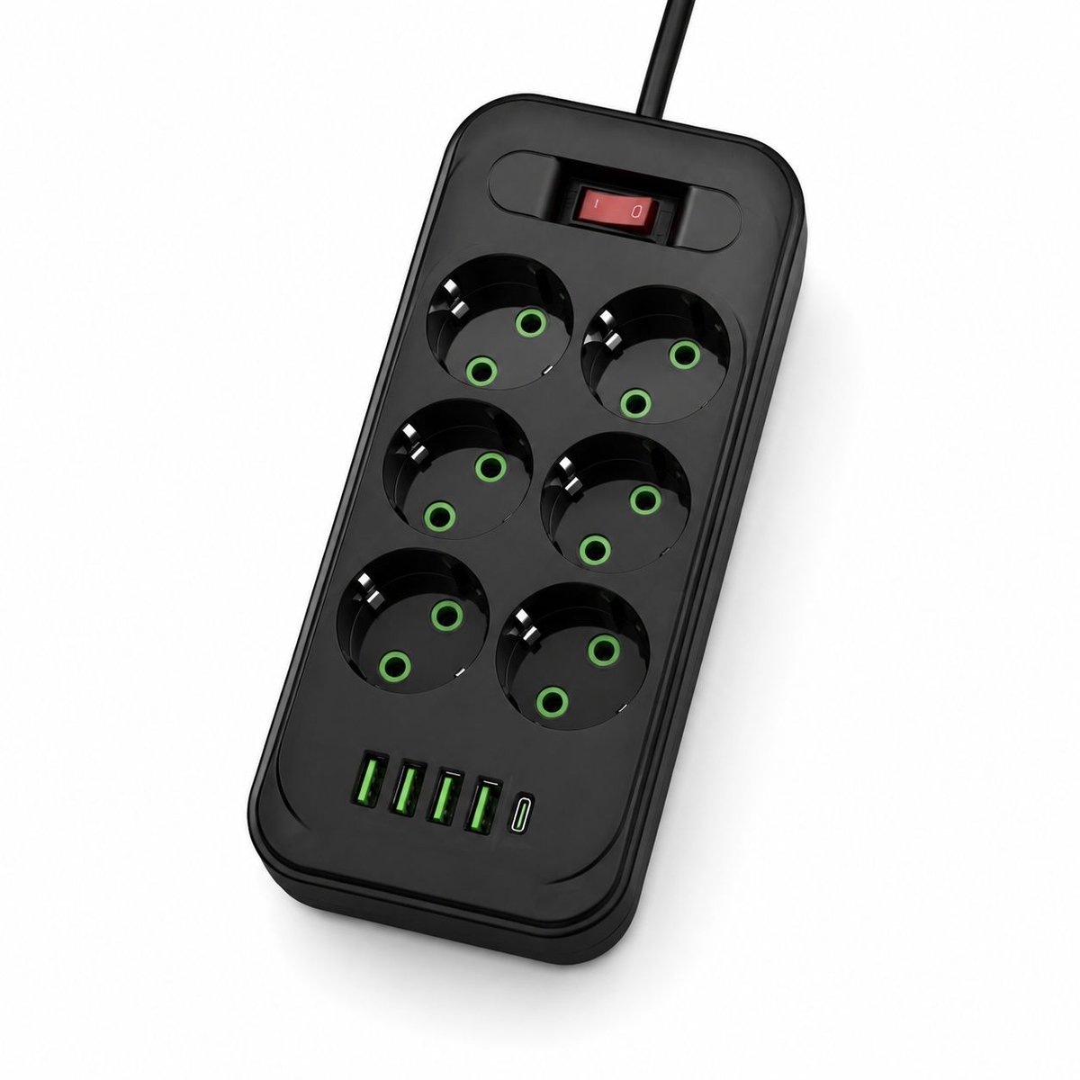 Stekkerdoos met 6 Stopcontacten / Zwarte Stroomverdeler met 4 USB Poorten & 1 Type-C / 2 Meter Lange Kabel / 2500W Overbelastingsbeveiliging / Smart Oplaadstation voor Thuis, Kantoor en Reizen