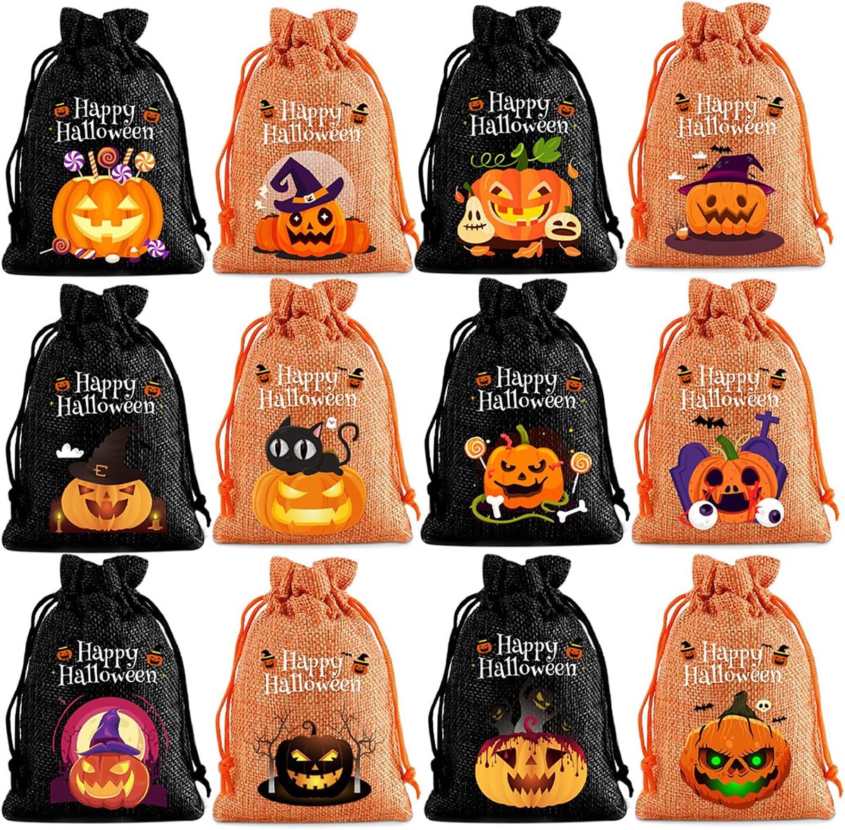 Halloween snoepzakjes - traktatie zakjes - cadeauzakjes - Halloween jute snackzakjes - oranje en Zwart trekkoordzakjes -Jack-O'- voor snoep, traktaties (linnen) - 10x14cm - Halloween-thema