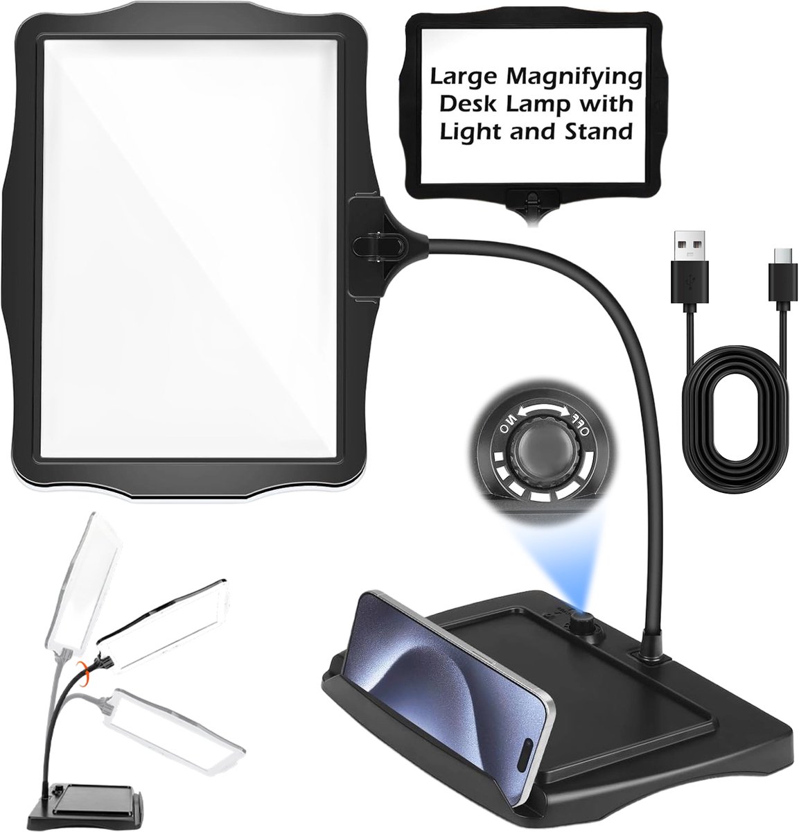 Vergrootglas met LED - 10x Tafelvergrootglas - Leesloep met 48 LED Lampen - USB Oplaadbaar 1200mAh - Voor Lezen, Borduren, Modelbouw en Precisiewerk - Zwart