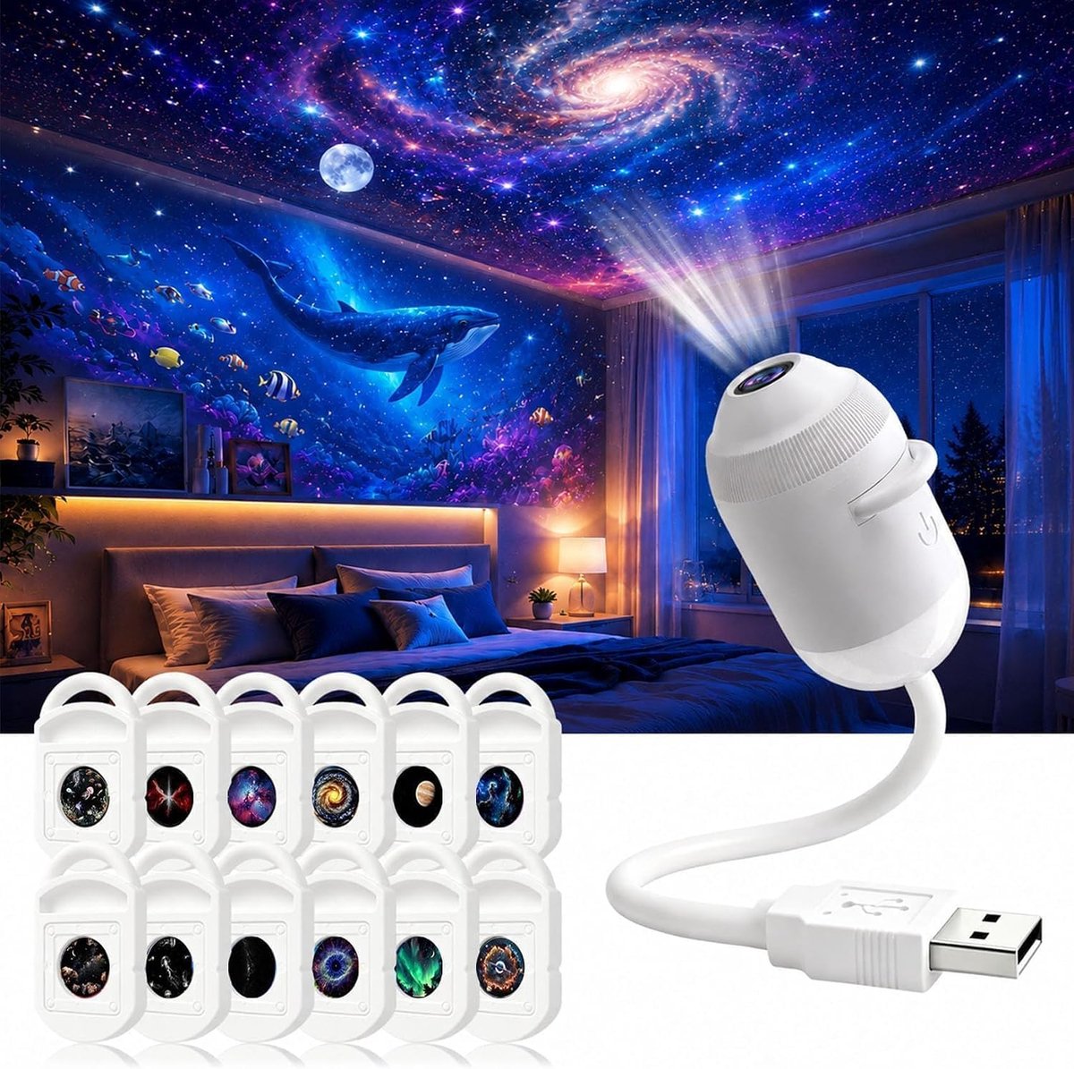 Sterrenprojector met 12 Films - 5D Holografisch & 360° Draaibaar - USB Plug & Play HD - Galaxy & Oceaan Projector - Cadeau voor Kinderen en Volwassenen - Sfeervolle Nachtlamp voor Slaapkamer - SOLLBRY®