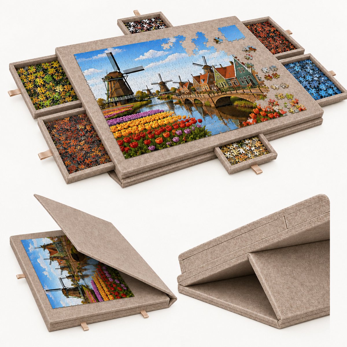 LYNEXA® Puzzelmat - Puzzelmap 1500 Stukjes - Puzzelboard met 6 Lades - Puzzelplaat - Puzzeltafel - Puzzelkoffer - Portapuzzel met Opbergsysteem - 90 x 63 x 4 cm - Beige Vilt