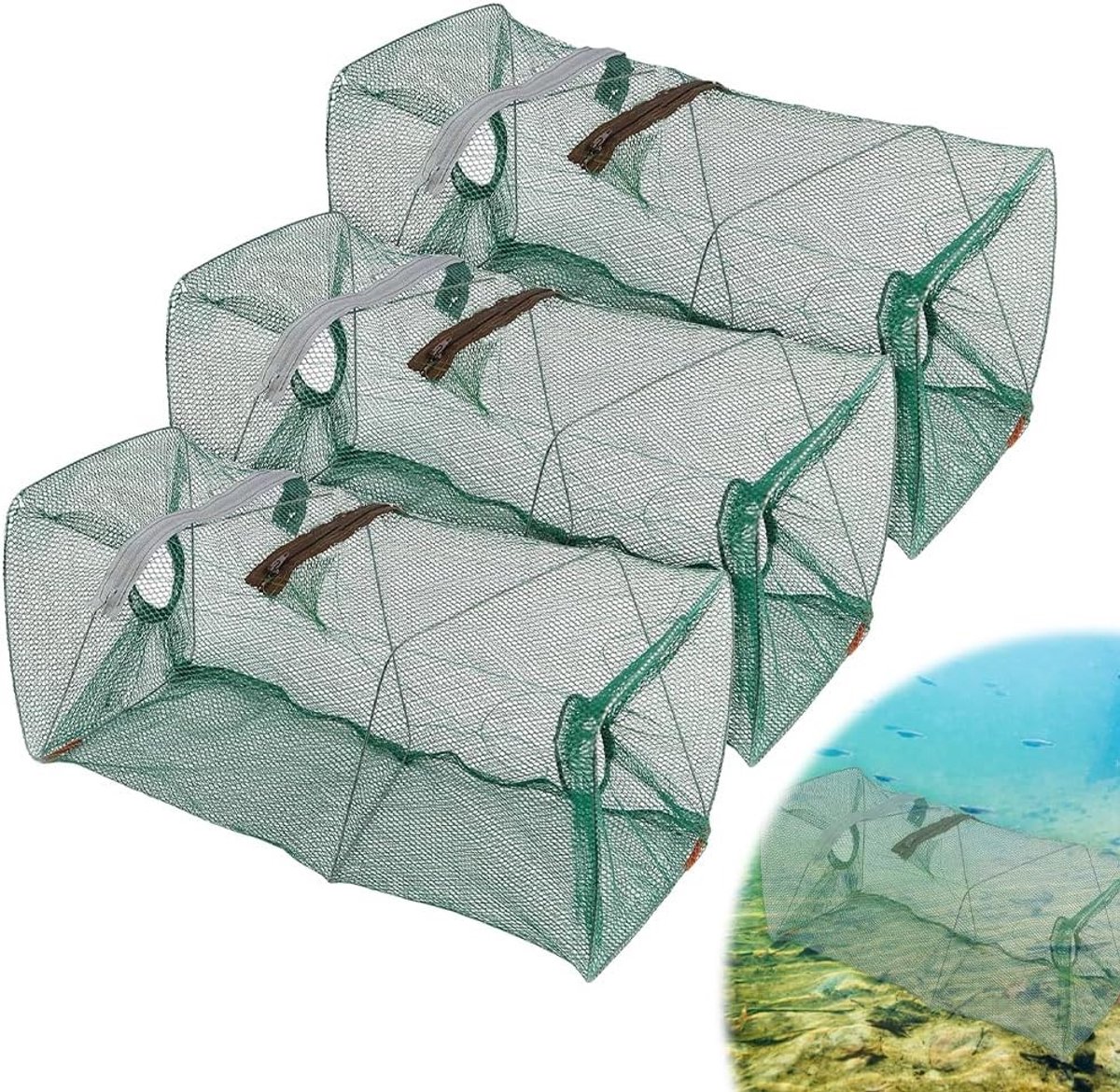 Aalreuse Set van 3 Vouwbare Vissenval 21 x 45 cm voor Kreeften, Krabben en Eelvisserij met Voeder Net
