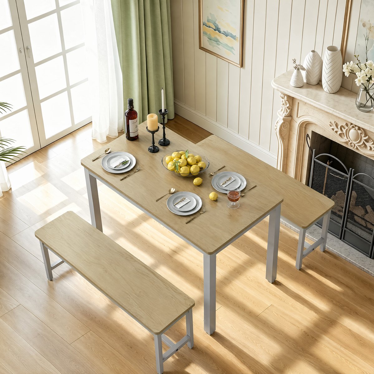 Eettafel met 2 banken, set van 3, keukentafel 60 x 110 x 76 cm, 2 banken van elk 30 x 97 x 44 cm, rechthoekige eettafelset met bank, stalen frame, naturel houten frame (wit), voor keuken, eetkamer