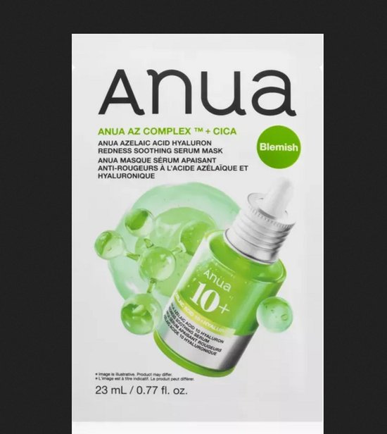 Anua Azelaic Acid Hyaluron Redness Soothing Serum Mask met 'Blemish'-sticker.