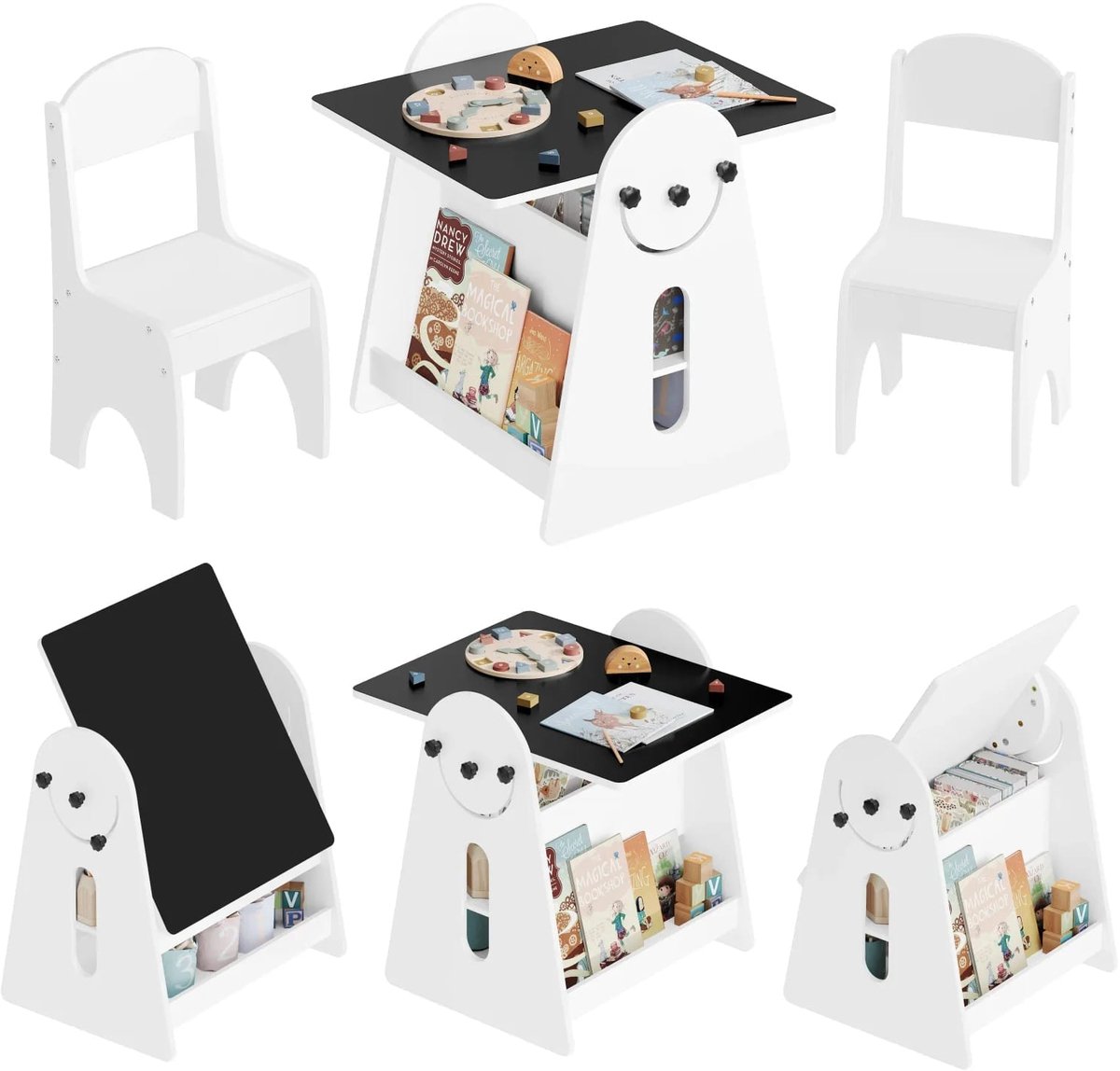 Klarven® Kindertafel met Stoelen - Kindertafel met Opbergruimte - Kindertafeltje Hout - Kids Table - Multifunctioneel Tekentafeltje - Speeltafel voor Kinderen - Wit Zwart 60x60cm