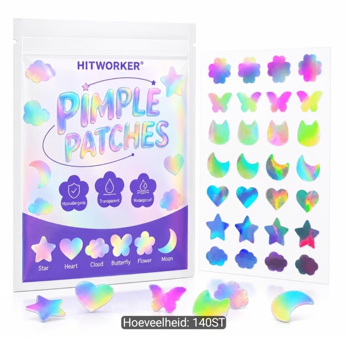 HITWORKER Holografische Puistjespleisters – 140 Stuks – Hydrocolloïde Acne Patches – Waterproof en Transparant – 7 Vrolijke Vormen