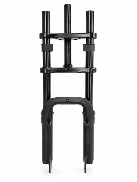 Zwarte voorvork met dubbele kroon en veerpoot-ophanging, geschikt voor 16 inch wielen.