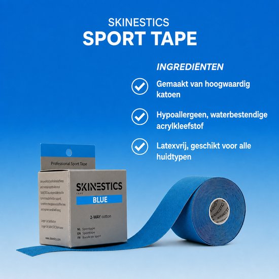 Verpakking blauw 'SKINESTICS SPORT TAPE' met tekst "INGREDIËNTEN" en voordelen.