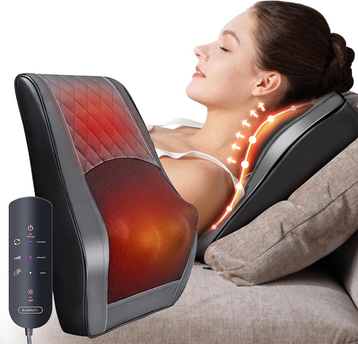 Nekmassageapparaat met warmte - Rugkussen massage - Spierpijn verlichten - Verwarmingszones en intensiteit - 38 x 33 cm - Zwart