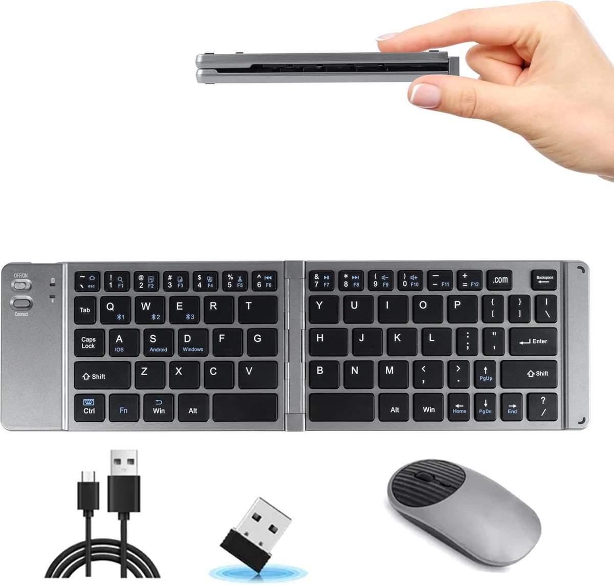 Opvouwbaar Draadloos Toetsenbord met Muis - Magnetische Sluiting - Bluetooth 5.0/3.0 & 2.4G USB - Stille DPI Muis (800/1200/1600) - Dun Ontwerp voor iPad/Android/Windows - grijs
