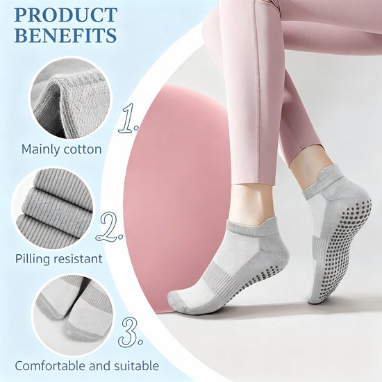 Set van 4 paar antislip-sportsokken - Stijl voor pilates en yoga (dames) - Eén maat (geschikt voor maat 36–41) - Zool met grip - Geschikt voor ballet, dans, revalidatie en fitness - Unisex - Zwart+Grijs — afbeelding 5