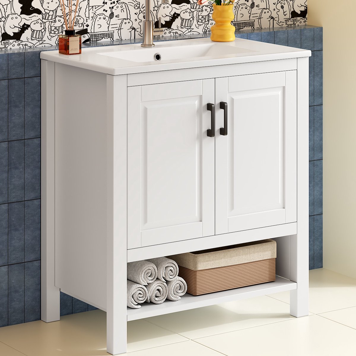 Vrijstaand wastafelmeubel - Badkamermeubel 76 cm - Keramische wastafel - Wastafelkast - 76,5x47x83 cm - Opbergruimte - Badkamer Wit