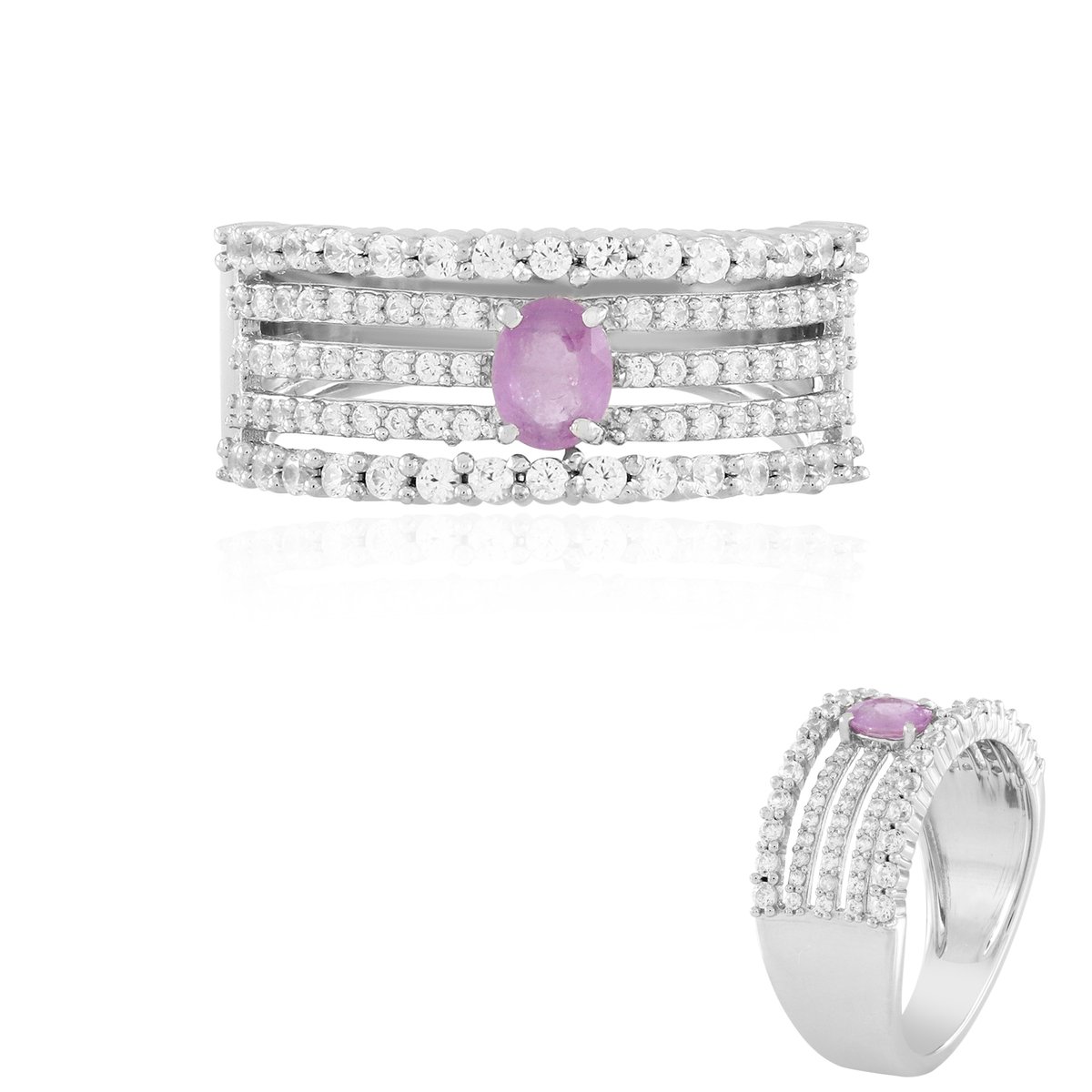 Cavill - Zilveren ring met roze Ceylon saffier 0,318 ct en zirconia - 925 sterling zilver met platina coating - elegante ovale saffier ring
