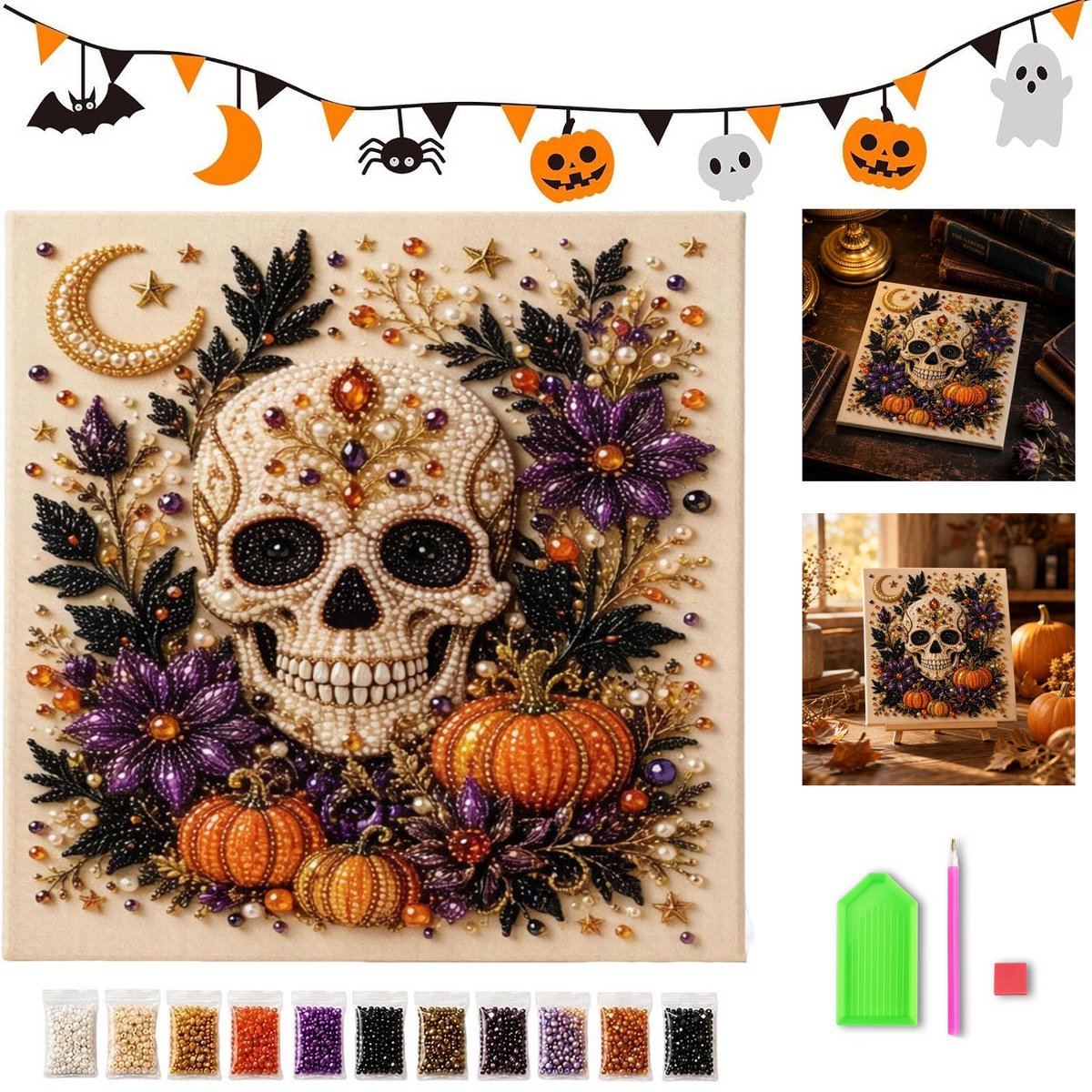 KZQ 3D Parelkunst DIY Set - Schedel - 20x20 cm - Beginnersvriendelijk - Complete Set Met Parels & Gereedschap - Halloween Wanddecoratie