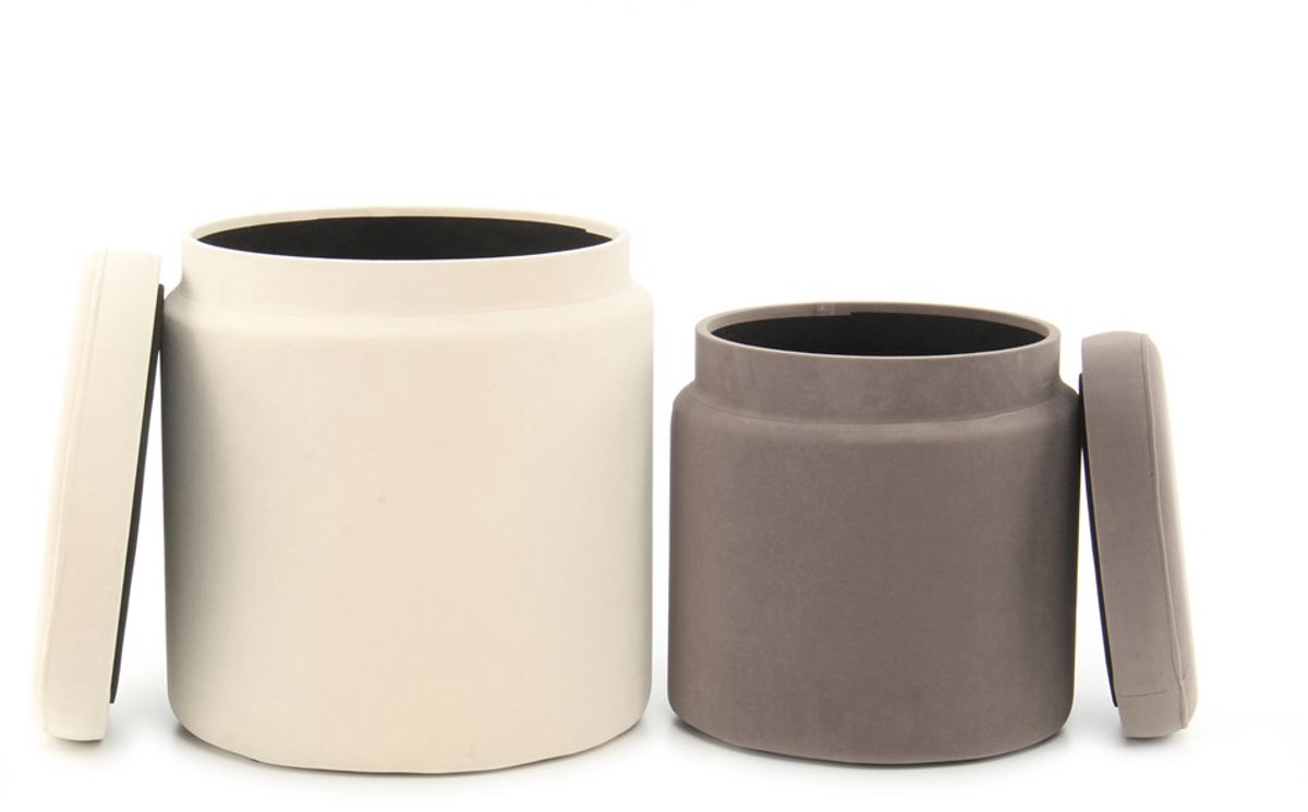 Padiro ronde opbergpoefs set van 2 Ø 31,5/36 cm - ivoor en taupe - fluweel - afneembare zittingen