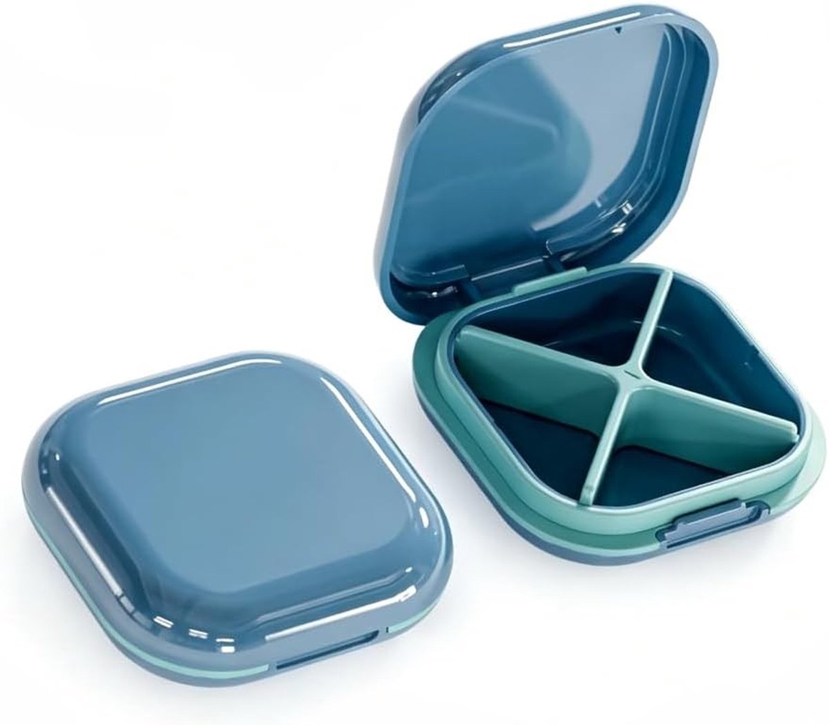 Compacte pillendoos met 4 vakken in blauw, vochtbestendige medicijndoos voor dagelijks gebruik en onderweg, handige organizer voor medicijnen en vitamines
