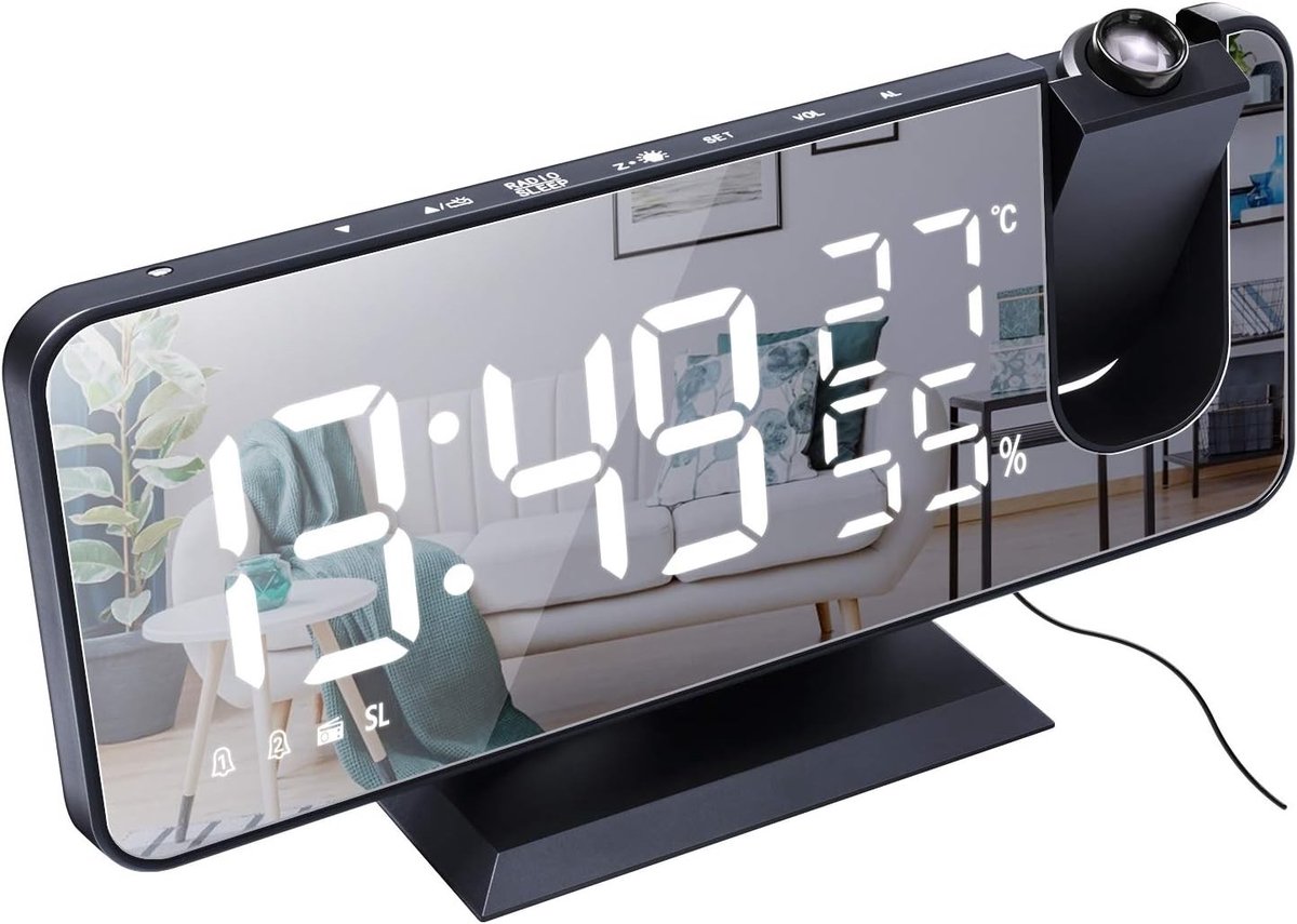Grote Projectie Alarmklok voor de Slaapkamer met 7.4 Inch LED Spiegelweergave en Dimmfunctie
