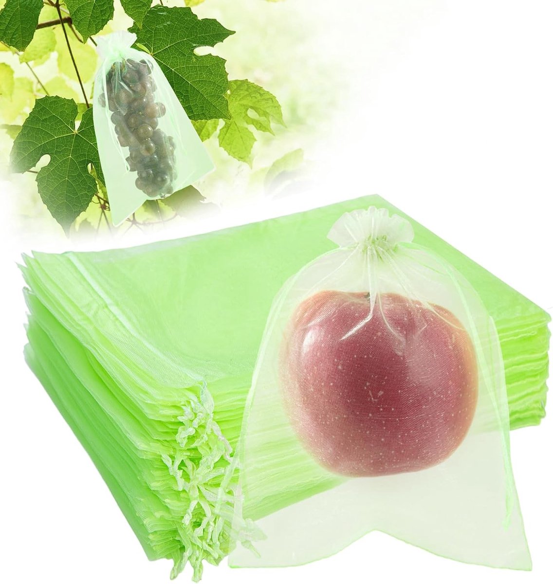 100 Stuks Trekkoord Fruitbeschermingszakken, Herbruikbare Insectennetten en Vogelnetten voor Tuin en Groentetuin, 20x30cm Groen Organza