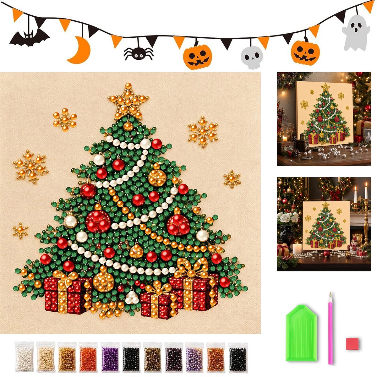 KZQ 3D Parelkunst DIY Set - Kerstboom - 20x20 cm - Beginnersvriendelijk - Complete Set Met Parels & Gereedschap - Kerst Wanddecoratie