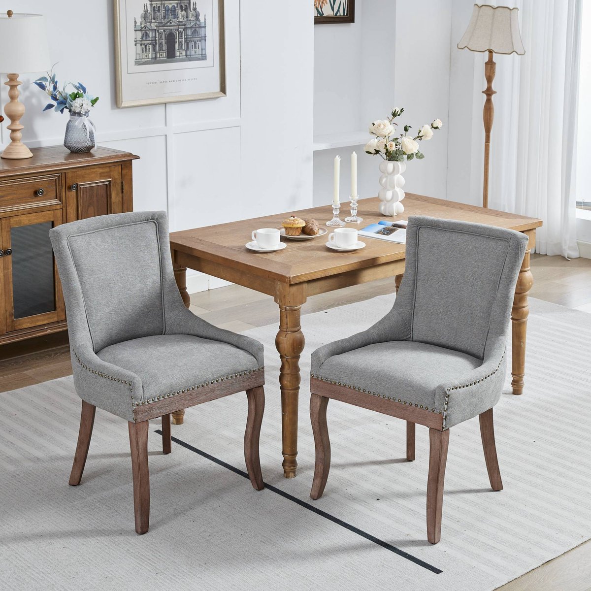 Welltin Eetkamerstoelen - Set van 2 - Luipaardprint - Dikke Stoffen Bekleding - Massief Houten Poten - Bronzen Nagelrand - Comfortabele Stoelen - Moderne Design Stoelen - Keukenstoelen - Woonkamerstoelen - Gestoffeerde Stoelen - Grijs