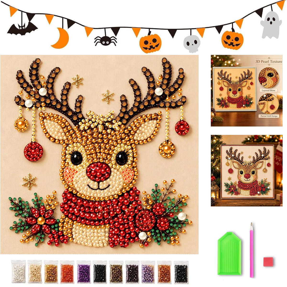 KZQ 3D Parelkunst DIY Set - Hertje - 20x20 cm - Beginnersvriendelijk - Complete Set Met Parels & Gereedschap - Kerst Wanddecoratie