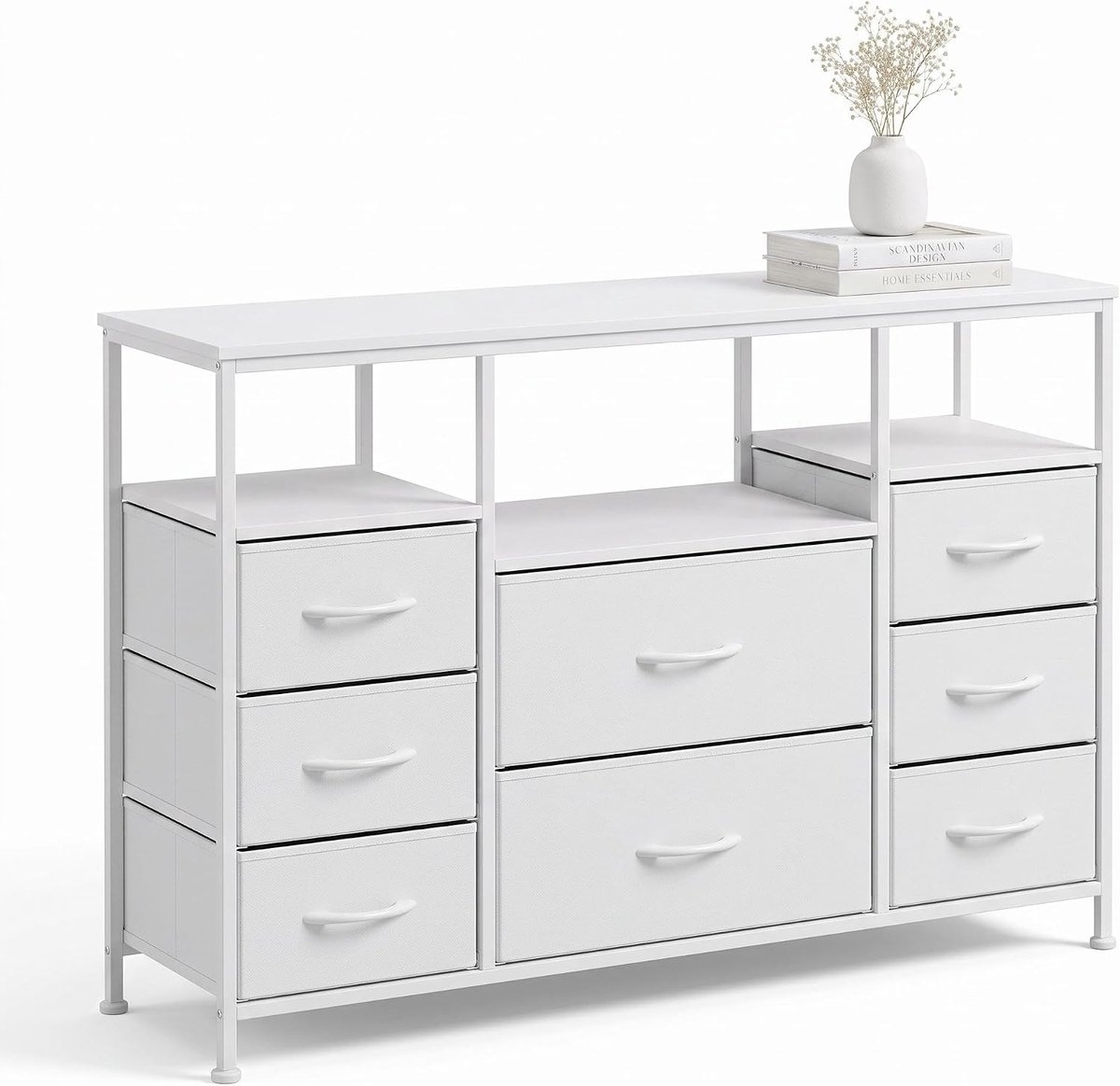 Witte TV-Meubel met 8 Stoffen Lades & Open Schappen - 110 x 30 x 75.5 cm - Houten Dressoir & Mediaconsole - Opbergkast voor Slaapkamer & Woonkamer - Wit