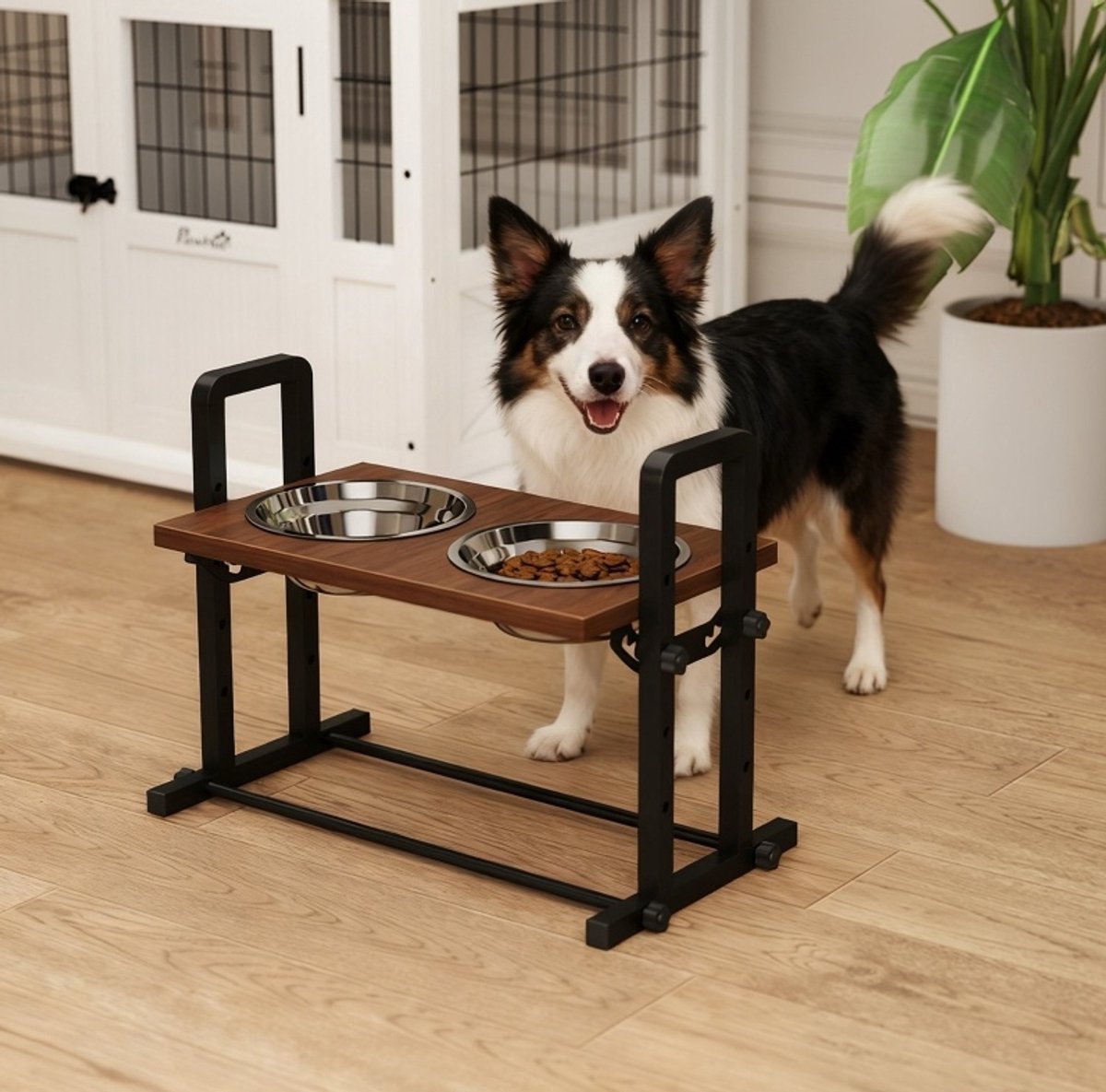 REDOM - Voerbak - Verstelbare hoogte - Verhoogde dubbele voerbak met 3 kantelhoeken - Anti-slip - RVS - Bruin - 48 x 26 x 36,5 cm
