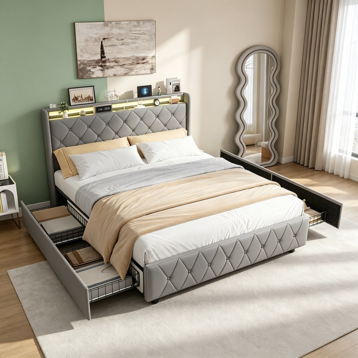 ROSAHQNDA Tweepersoonsbed 140x200 cm, gestoffeerd opbergbed met 4 lades en hoofdbord met opbergvak, fluweel, grijs, zonder matras