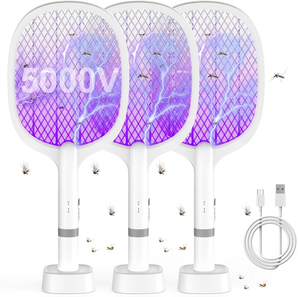 3 stuks Elektrische vliegenmepper 5000V, oplaadbare insectenracket met 2 standen, paars licht en 3-laags veiligheidsnet, draagbare vliegenmepper voor binnen en buiten