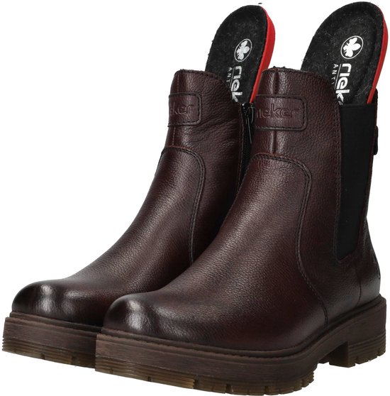 Bruine leren chelsea boots met profielzool, ingezette Rood-zwarte inlegzolen.