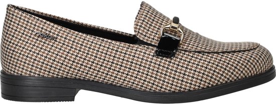 Zijzicht van een damesloafer van Rieker met pied-de-poule patroon, bruin en zwart, met goudkleurige gesp.